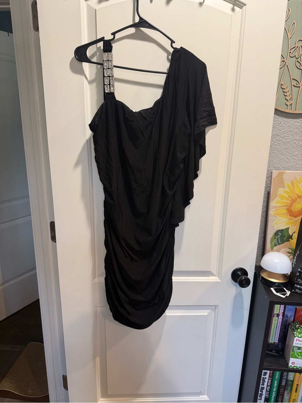 Deb Black One-Shoulder Draped Dress with Crystal Strap